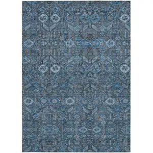 Photo of Blue and Black Floral Washable Non Skid Indoor Outdoor Area Rug