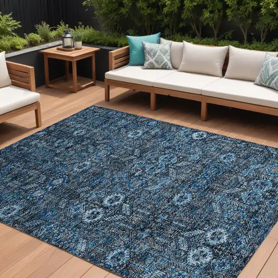 Blue and Black Floral Washable Non Skid Indoor Outdoor Area Rug Photo 1