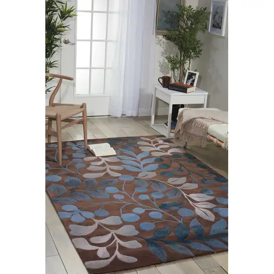 Blue and Brown Botanical Leaves Area Rug Photo 8