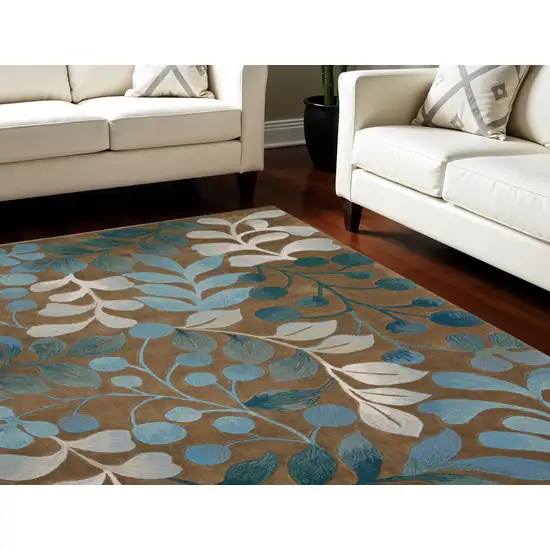 Blue and Brown Botanical Leaves Area Rug Photo 1