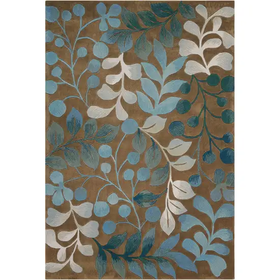 Blue and Brown Botanical Leaves Area Rug Photo 2