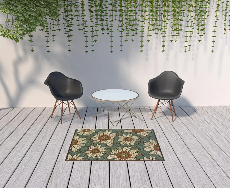 Blue and Brown Floral Indoor Outdoor Area Rug Photo 4