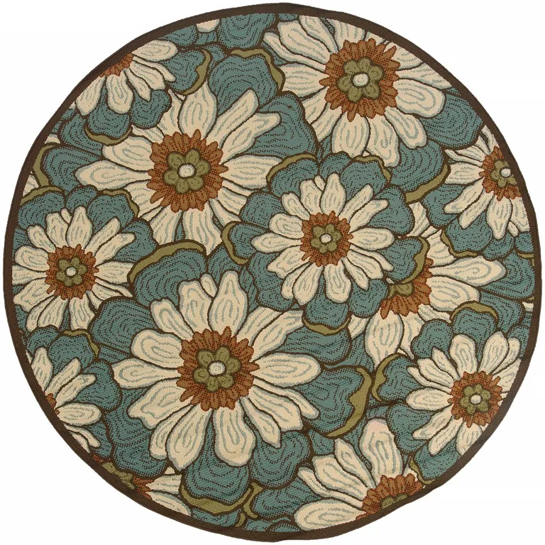 Blue and Brown Floral Indoor Outdoor Area Rug Photo 1