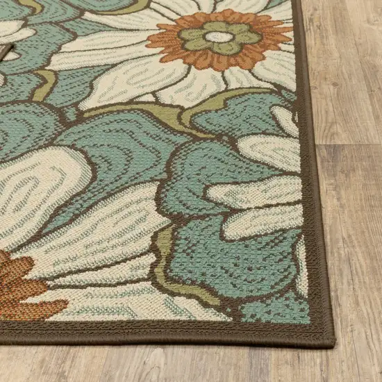 Blue and Brown Floral Indoor Outdoor Runner Rug Photo 2