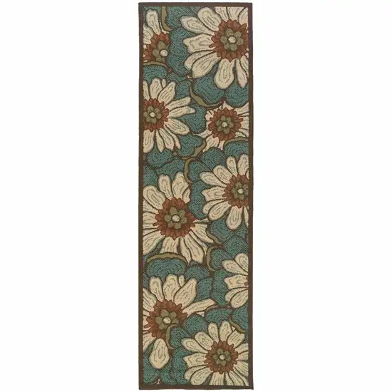 Blue and Brown Floral Indoor Outdoor Runner Rug Photo 1