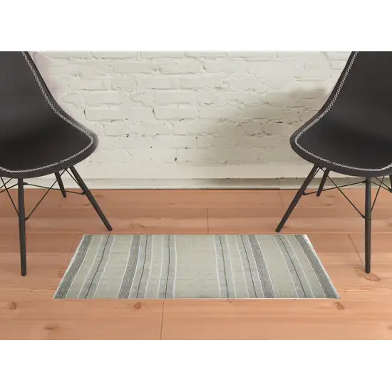 Blue and Brown Geometric Flatweave Handmade Distressed Area Rug with Fringe Photo 3