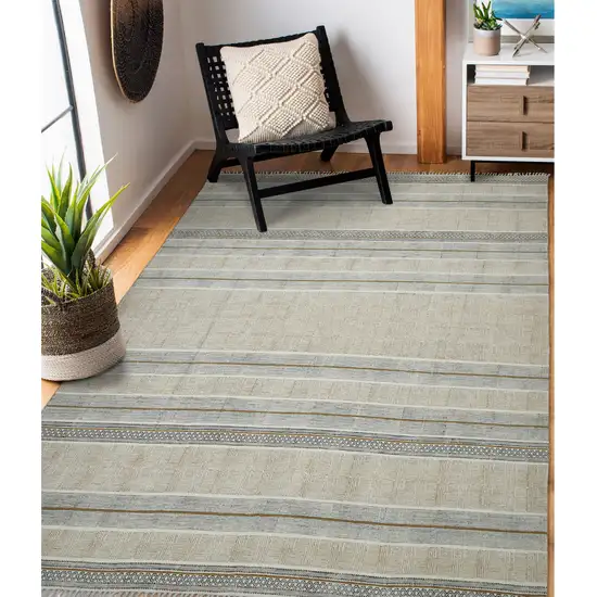 Blue and Brown Geometric Flatweave Handmade Distressed Area Rug with Fringe Photo 6