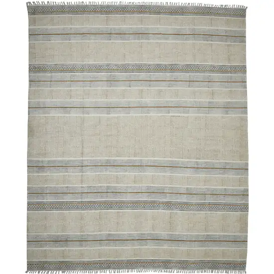 Blue and Brown Geometric Flatweave Handmade Distressed Area Rug with Fringe Photo 1