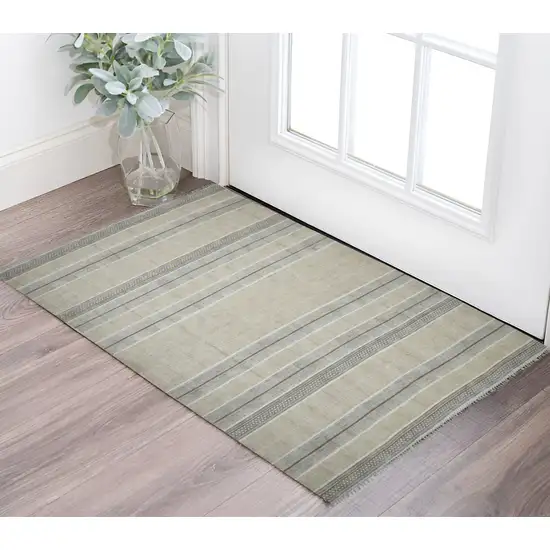 Ivory Black and Brown Geometric Flatweave Handmade Worn Faded Area Rug With Fringe Photo 1