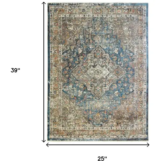 Blue and Brown Oriental Distressed Area Rug With Fringe Photo 5