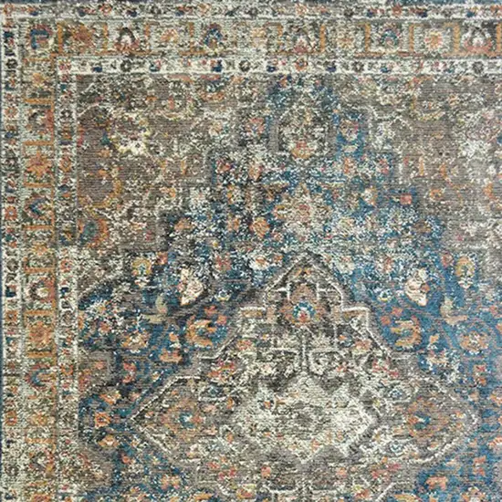 Blue and Brown Oriental Distressed Area Rug With Fringe Photo 3