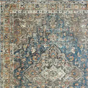 Photo of Blue and Brown Oriental Distressed Area Rug With Fringe