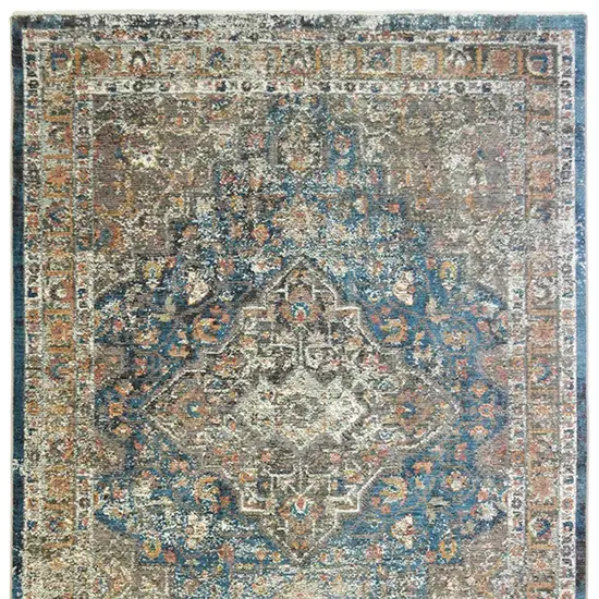 Blue and Brown Oriental Distressed Area Rug With Fringe Photo 4