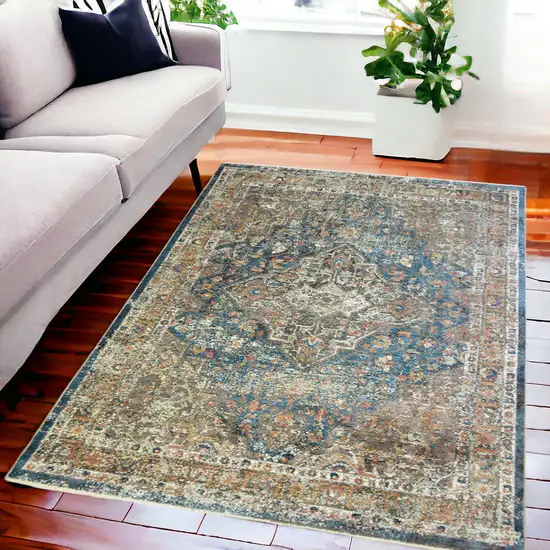 Blue and Brown Oriental Distressed Area Rug With Fringe Photo 1