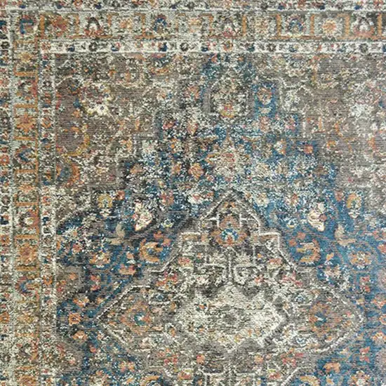 Blue and Brown Oriental Distressed Area Rug With Fringe Photo 3