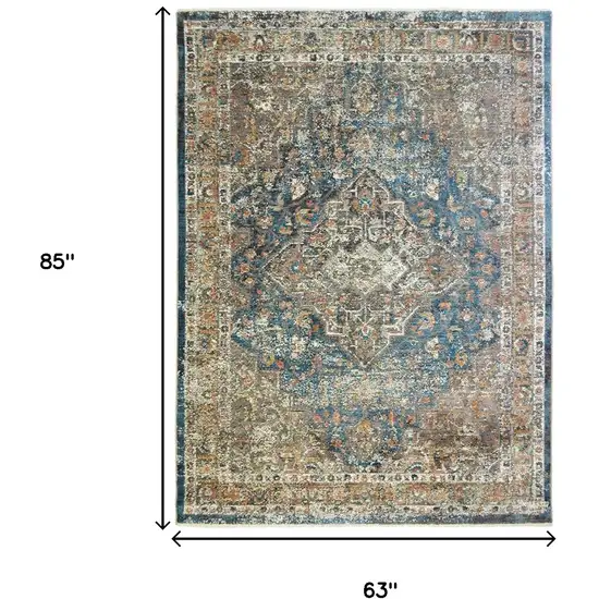 Blue and Brown Oriental Distressed Area Rug With Fringe Photo 5