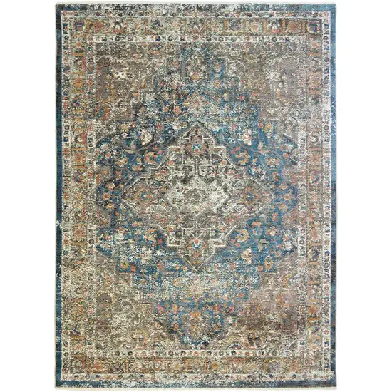 Blue and Brown Oriental Distressed Area Rug With Fringe Photo 2