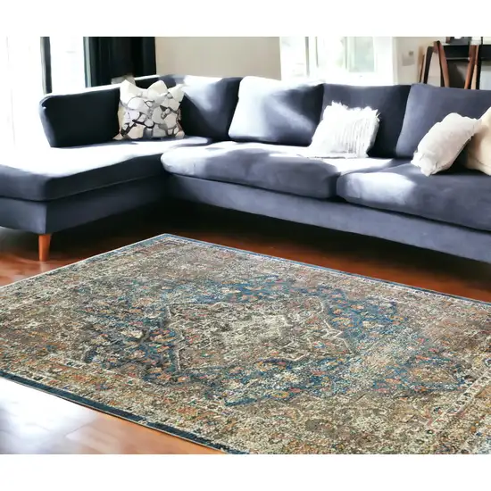 Blue and Brown Oriental Distressed Area Rug With Fringe Photo 1