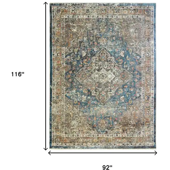 Blue and Brown Oriental Distressed Area Rug With Fringe Photo 4