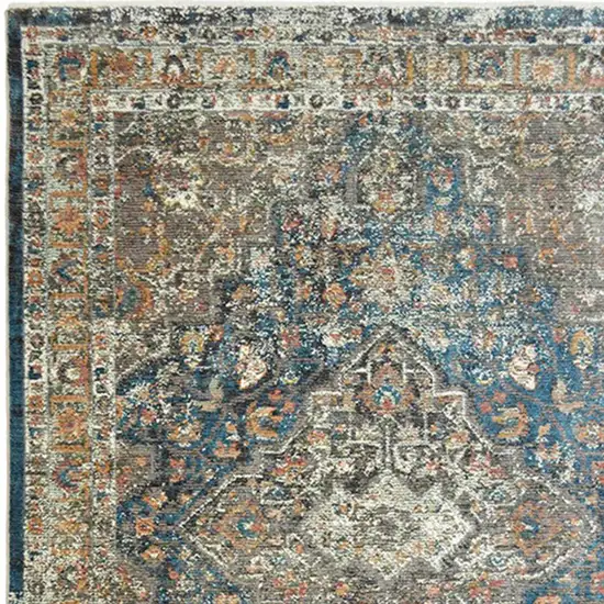 Blue and Brown Oriental Distressed Area Rug With Fringe Photo 3