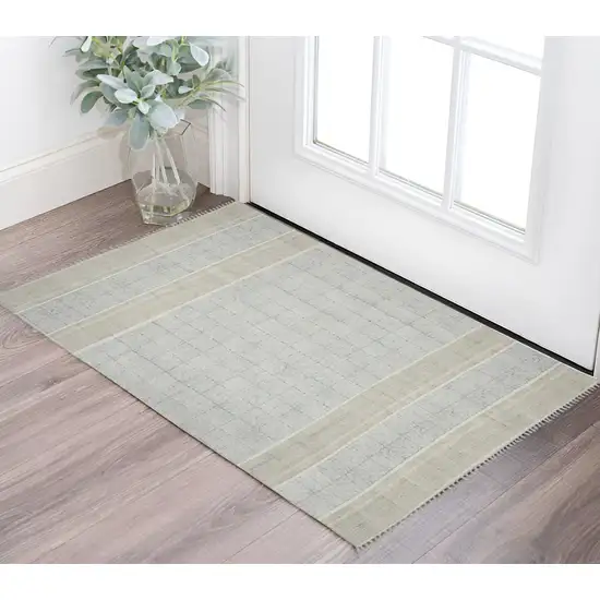 Stone Blue and Brown Oriental Flatweave Handmade Worn Faded Area Rug With Fringe Photo 1