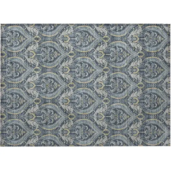 Blue and Cream Damask Washable Non Skid Indoor Outdoor Area Rug Photo 4