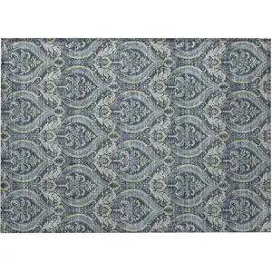 Photo of Blue and Cream Damask Washable Non Skid Indoor Outdoor Area Rug