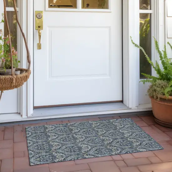 Blue and Cream Damask Washable Non Skid Indoor Outdoor Area Rug Photo 8