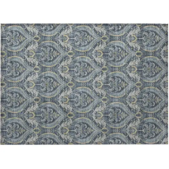 Blue and Cream Damask Washable Non Skid Indoor Outdoor Area Rug Photo 5