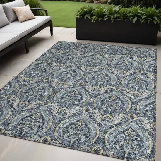 Blue and Cream Damask Washable Non Skid Indoor Outdoor Area Rug Photo 1