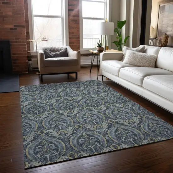 Blue and Cream Damask Washable Non Skid Indoor Outdoor Area Rug Photo 9