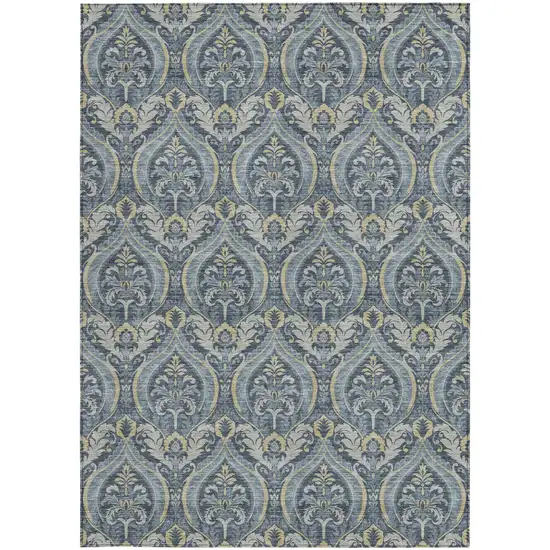 Blue and Cream Damask Washable Non Skid Indoor Outdoor Area Rug Photo 5