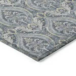 Photo of Blue and Cream Damask Washable Non Skid Indoor Outdoor Area Rug