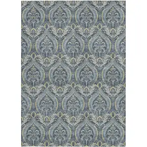 Photo of Blue and Cream Damask Washable Non Skid Indoor Outdoor Area Rug