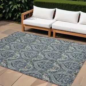 Photo of Blue and Cream Damask Washable Non Skid Indoor Outdoor Area Rug