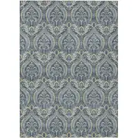 Photo of Blue and Cream Damask Washable Non Skid Indoor Outdoor Area Rug