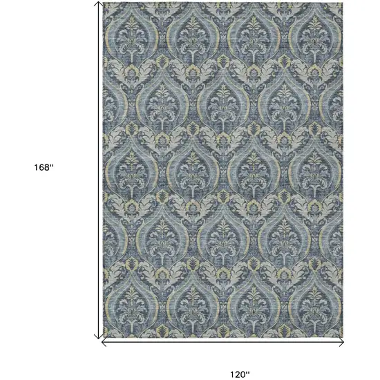 Blue and Cream Damask Washable Non Skid Indoor Outdoor Area Rug Photo 3