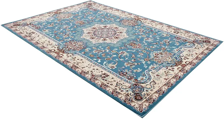 Blue and Cream Embellished Area Rug Photo 2