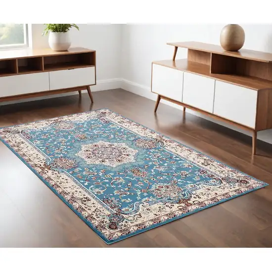 Blue and Ivory Oriental Power Loom Area Rug Photo 1