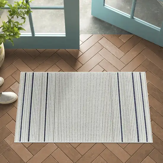 Blue and Cream Striped Distressed Indoor Outdoor Area Rug Photo 6