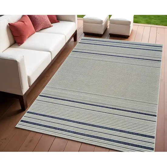 Blue and Cream Striped Distressed Indoor Outdoor Area Rug Photo 1