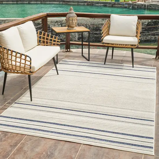 Blue and Cream Striped Distressed Indoor Outdoor Area Rug Photo 9