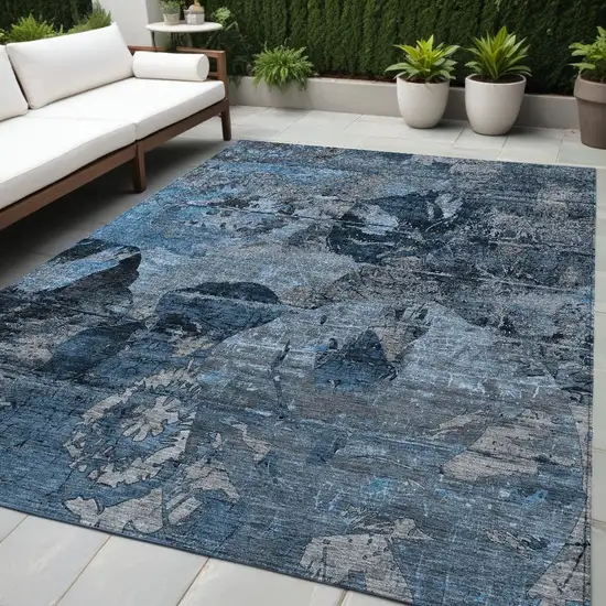 Blue and Dark Blue Floral Washable Non Skid Indoor Outdoor Area Rug Photo 1