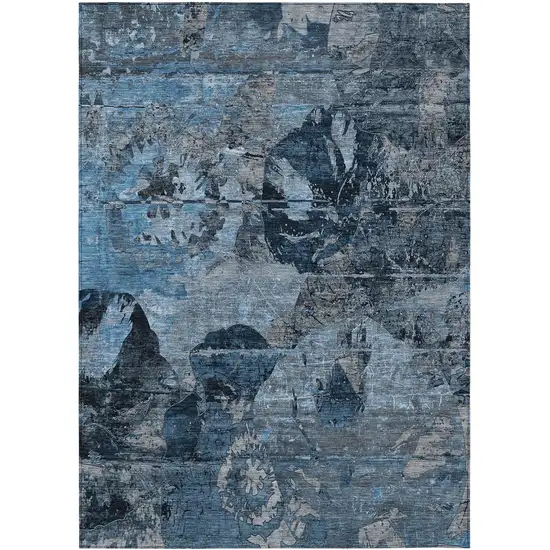 Blue and Dark Blue Floral Washable Non Skid Indoor Outdoor Area Rug Photo 2