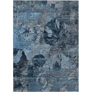 Photo of Blue and Dark Blue Floral Washable Non Skid Indoor Outdoor Area Rug