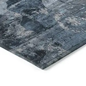 Photo of Blue and Dark Blue Floral Washable Non Skid Indoor Outdoor Area Rug