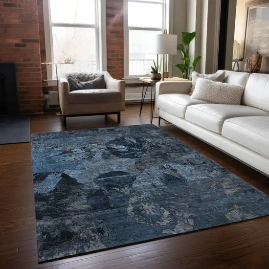 Blue and Dark Blue Floral Washable Non Skid Indoor Outdoor Area Rug Photo 9