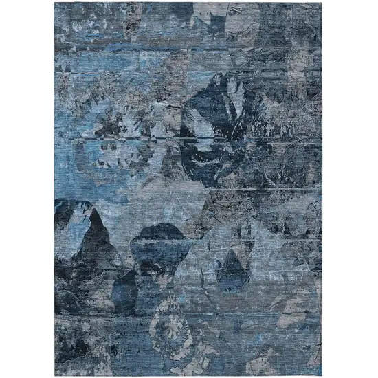 Blue and Dark Blue Floral Washable Non Skid Indoor Outdoor Area Rug Photo 2