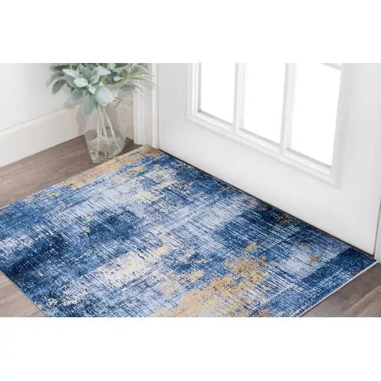 Blue and Gold Abstract Printed Washable Non Skid Area Rug Photo 1