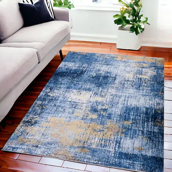 Blue and Gold Abstract Printed Washable Non Skid Area Rug Photo 1